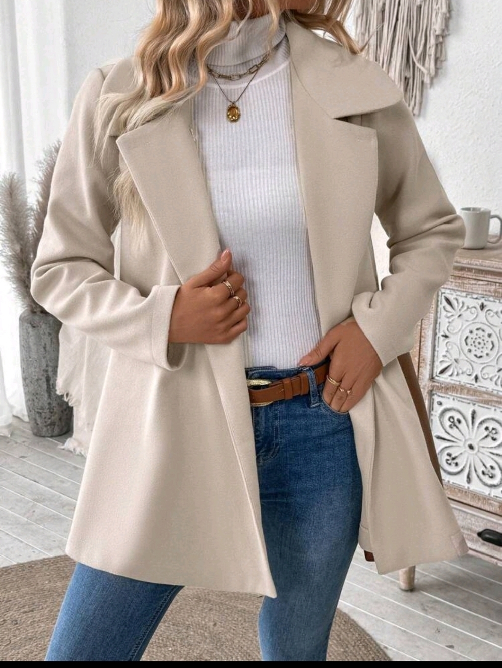 Beige A-Line Double-Button Coat - Picture 3 of 4